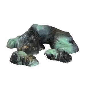 Chalkware Sleeping Hound Dog With Puppies Green Black